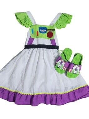 Disney Slide Sandals 7/8, Buzz Space Ranger Twirl Costume Dress 3T Lot
